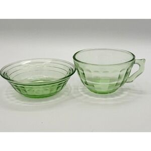 Vintage Uranium Glass Green Cup Bowl Depression Era Pressed Glass UV Glow